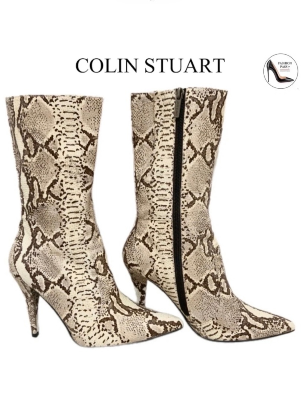Colin Stuart Snake Print Stiletto Heel Bootie Leather Pointed Toe Heeled Boots 7